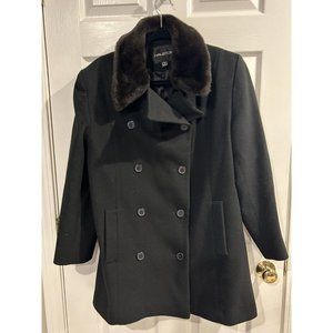 Halston Classic Pea Coat Black Wool With Brown Faux Fur Trim Size 8